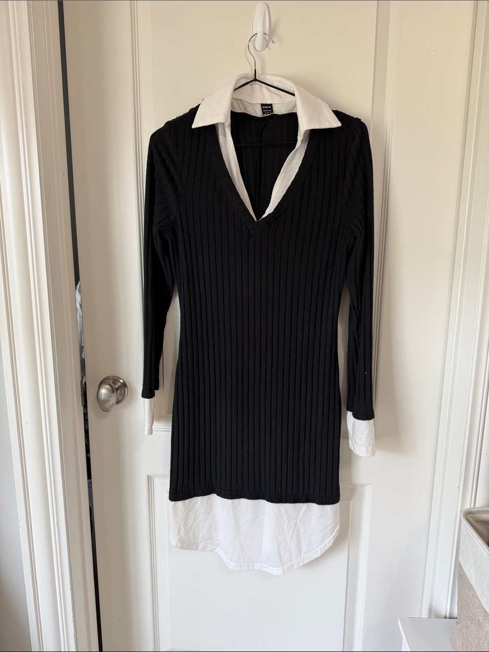 SHEIN Black Ribbed V-Neck Long Sleeve Shirt Dress with White Collar